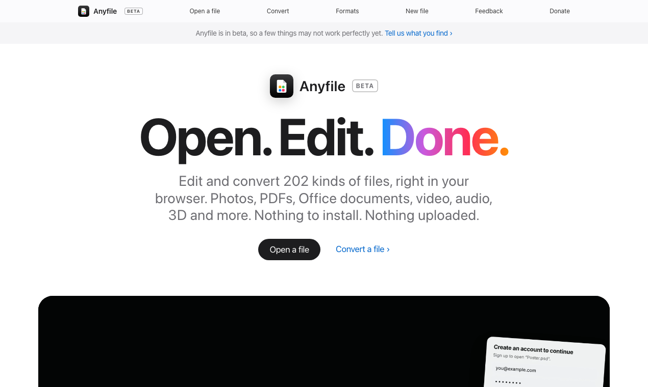 Anyfile’s home page in a browser