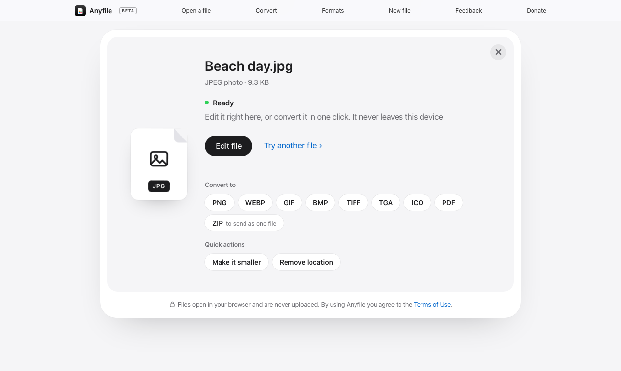 A JPG photo in Anyfile’s drop card, with buttons to edit it or convert it to PNG, WebP, PDF and other formats