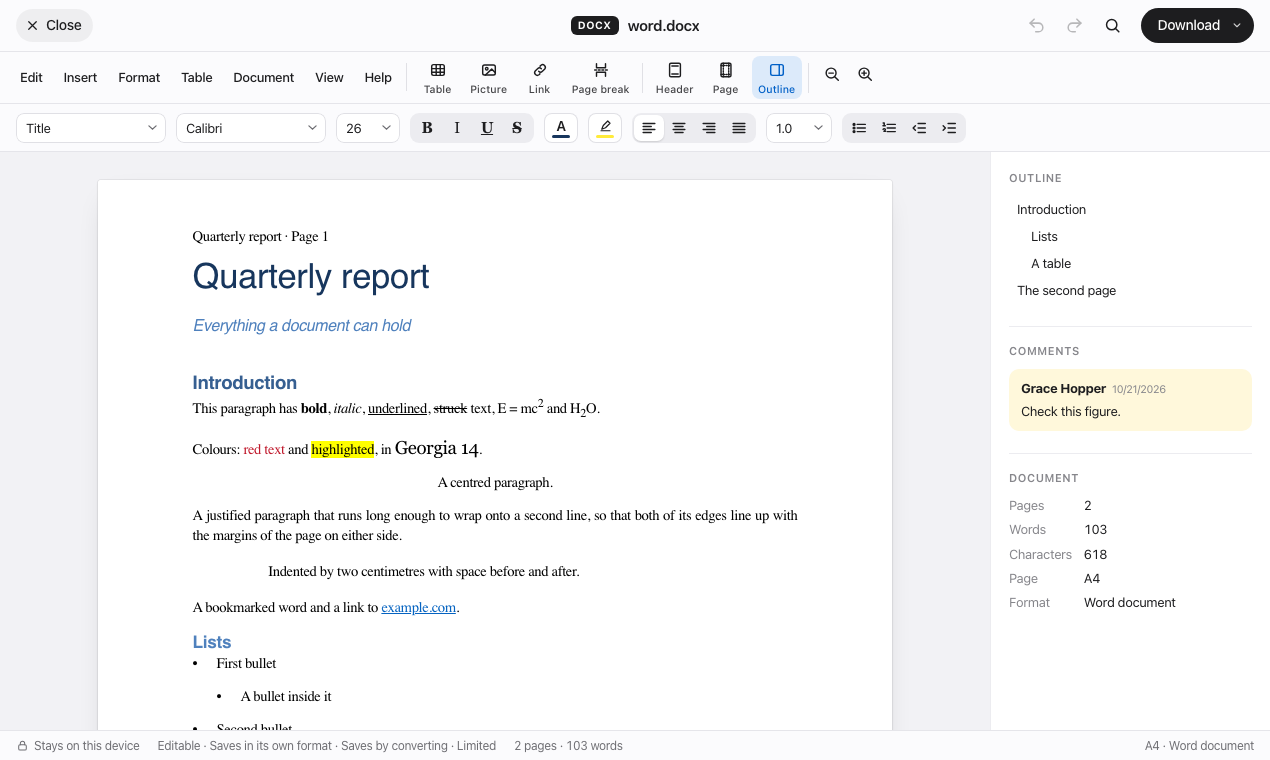 A Word document open in Anyfile’s document editor, with its outline, comments and word count beside the page