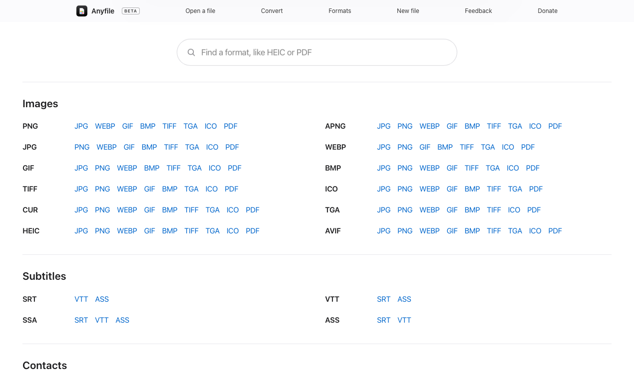 Anyfile’s list of every conversion, grouped by kind of file